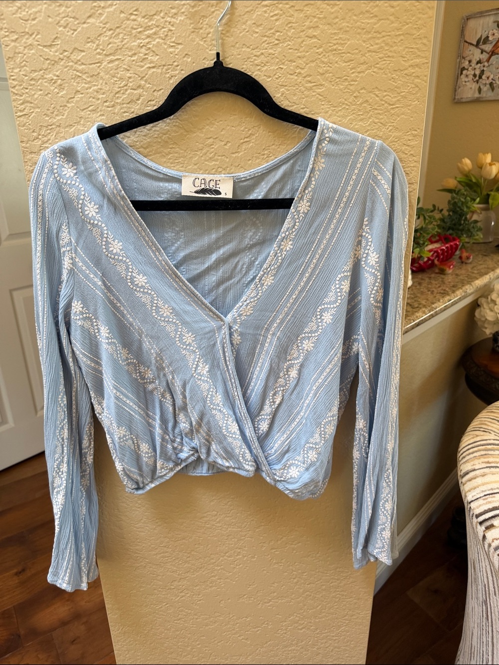 Women's Light Blue Wrap-Front Long Sleeve Top